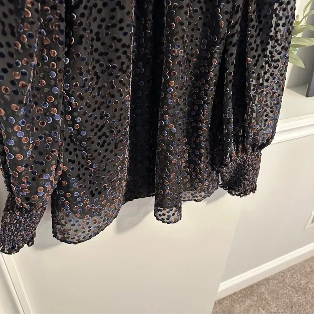 Anthropologie Shoshanna Black Brown Velvet Polka Dot Blouse Top Large